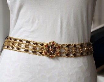 Stunning Yves Saint Lauren YSL Topaz Crystal Gold Plated Belt S-M