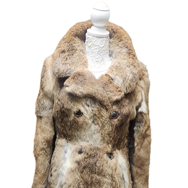 Vintage manteau de fourrure de lapin marron multicolore pleine longueur pour femmes des années 70-80