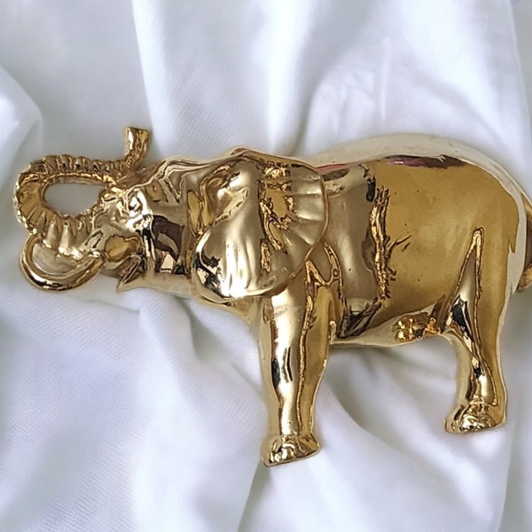 Large Rare ACCESSOCRAFT NYC Signed Elephant Gold Plated Vintage Heavy Belt Buckle