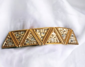Fibbia per cintura vintage ACCESSOCRAFT NYC con strass trasparenti dorati e firmata.