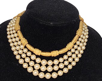 Gorg! Bamboo Baroque Pearl Triple Strand Gold Plated Art Deco Choker Vintage Necklace, Kramer?