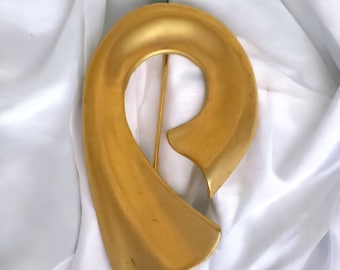 Oversized Modernist Abstract Gold Plated Vintage Brooch Pin, Couture, Runway
