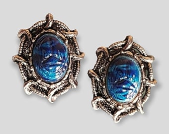 BLUE SCARAB Beetle Eyptian Revival Silvertone Clip On earrings, Beetle Egyptian Earrings