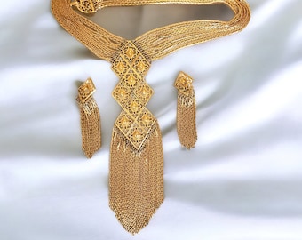 Large MONET Egyptian Revival Gold Plated Multi Strand Tassell Earrings Set, Couture, Runway