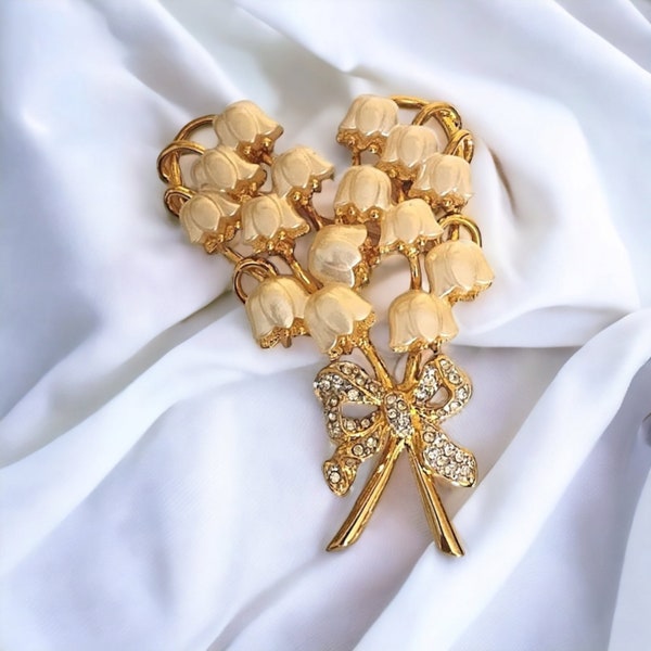 Vintage Kenneth Jay Lane Lily Of The Valley Signed Crystal Rhinestone Brooch Pin