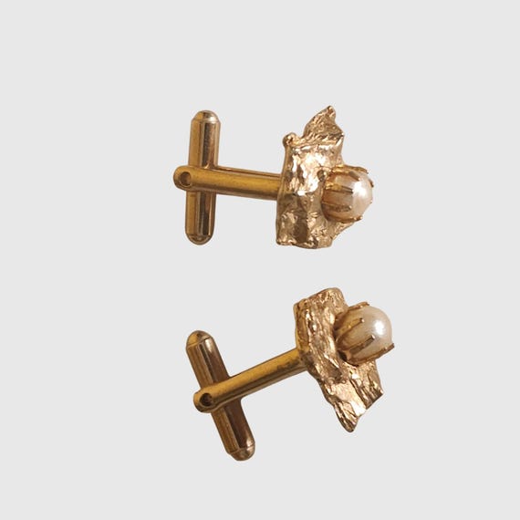 Boutons De Manchette Vintage Perle Et Or - Formels, Style Rectangulaire, Pour Homme