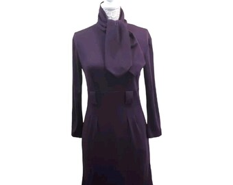 Authentic CHANEL Vintage Purple Wool Dress With Neck Tie Sz 8/42