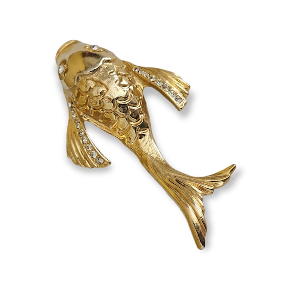 Koi Fish Clear Rhinestones Gold Tone Brooch Pin, G