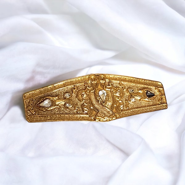 Vintage ACCESSOCRAFT NYC Etruscan Egyptian Revival Clear Rhinestone Gold Plated Vintage Belt Buckle