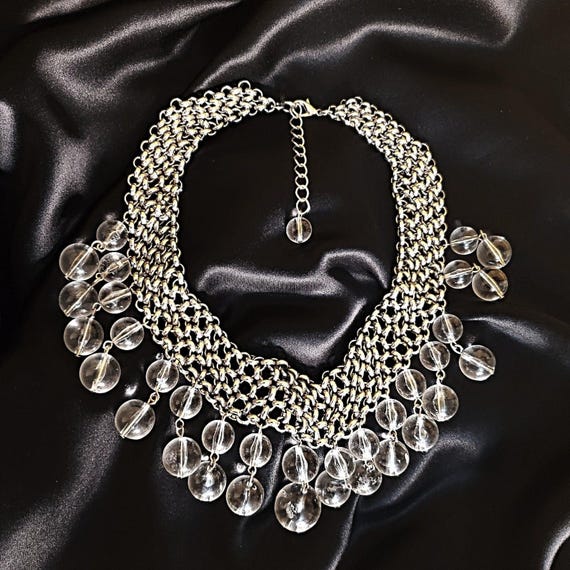 Gorgeous Chainmail Silvertone Drop Dangle Lucite … - image 2