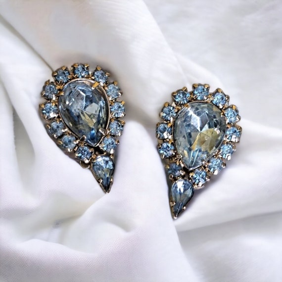 Ice Blue Glass Faux Topaz Tear Drop Clip On Rhine… - image 1