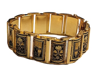 Damascence Floral and Castle Gold Plated Vintage Bracelet