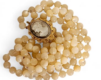 Mother of Pearl Double-Strand Vintage Necklace with Removable Cameo Brooch