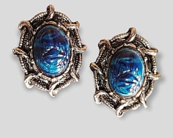 BLUE SCARAB Beetle Eyptian Revival Silvertone Clip On earrings, Beetle Egyptian Earrings