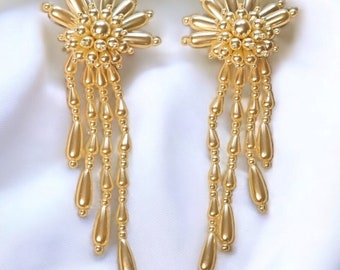 Vintage Rice Pearl Chandelier Clip On Earrings: Shoulder Duster Tassel