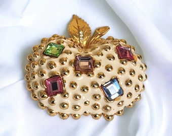 CRAFT Signed Apple Ivory Enamel Colored Diamante Gold Plated Brooch Pin