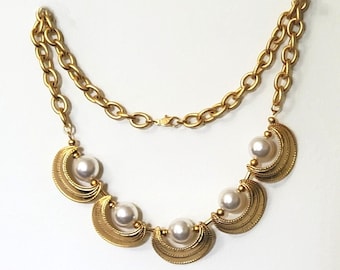 Etruscan Revival Pearl Gold Plated Link Chain Necklace