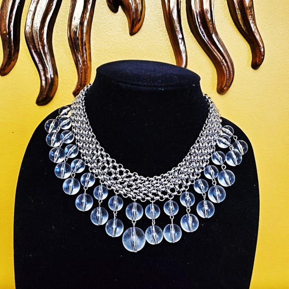 Gorgeous Chainmail Silvertone Drop Dangle Lucite … - image 7