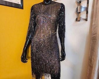Naeem Khan Beaded Tulle Mini Dress: Fringed Cocktail Party Dress