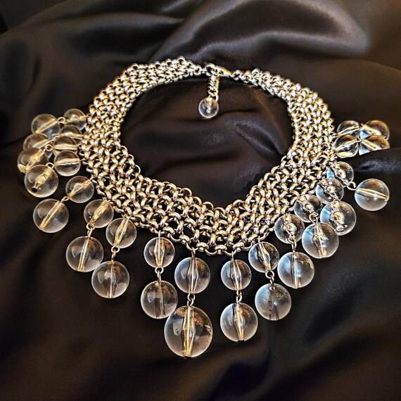 Gorgeous Chainmail Silvertone Drop Dangle Lucite … - image 1