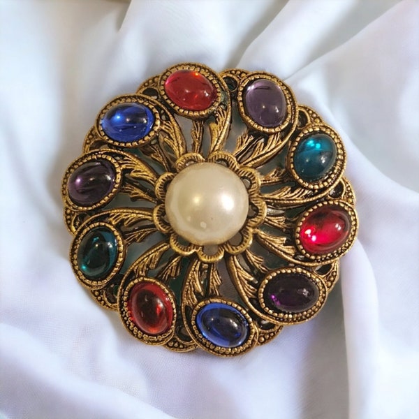French Mogul Gripoix Style Brooch Jewel Tone Cabochons, Runway, Couture