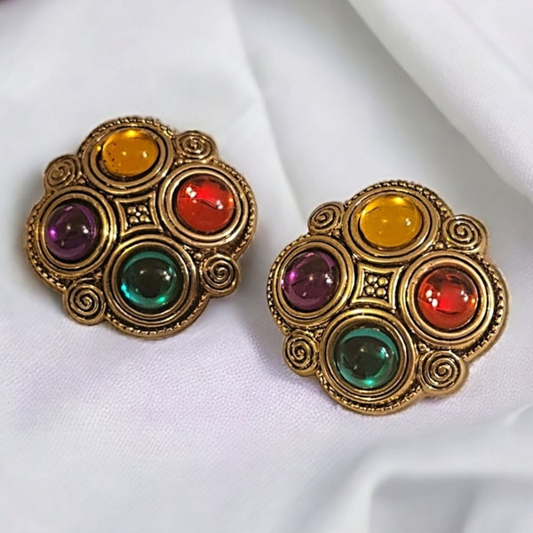 Oversized French Moghul Jewel Tone Cabochon Gripoix Style Gold Plated Vintage Clip-On Earrings, Runway Couture