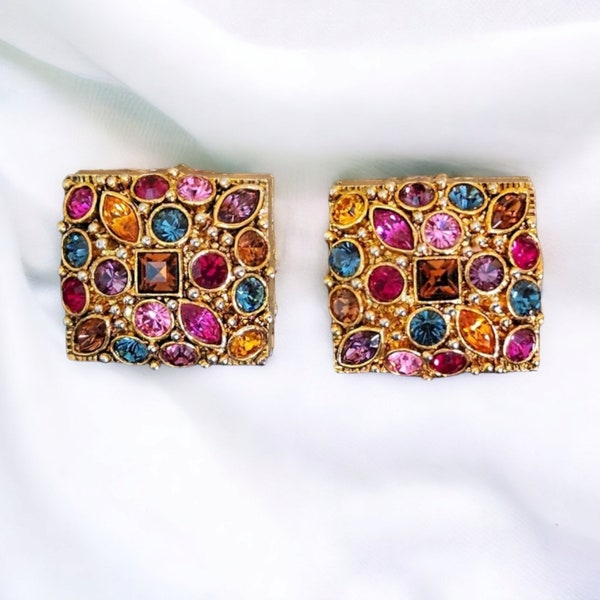 Stunning Mosaic Diamante Cluster Gold Plated Vintage Earrings, Tutti Frutti Earrings, Fruit Salad Earring, Couture