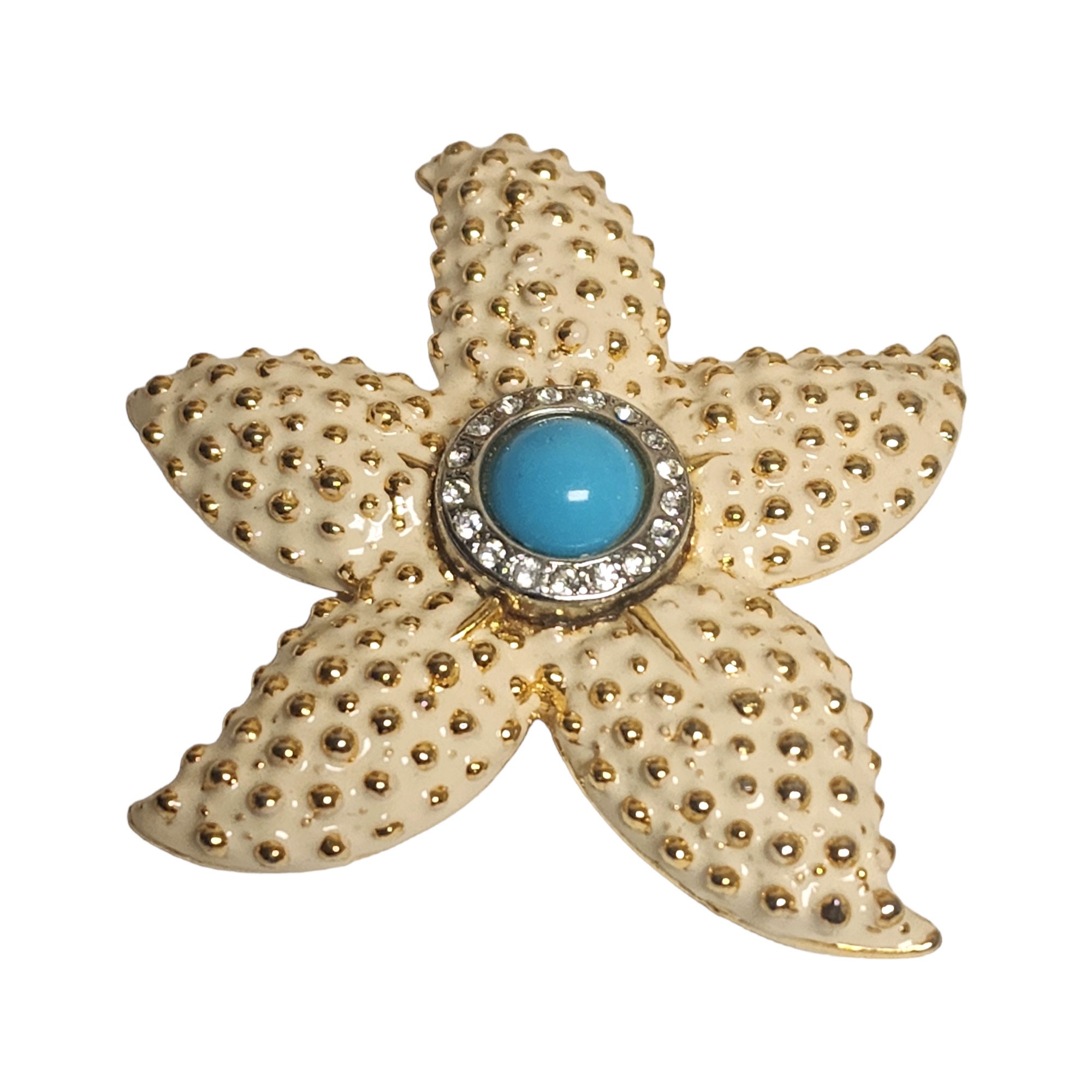 MakeMeLegendary Large Signed Craft Starfish Enamel with Turquoise Cabochons and Diamanté Crystals Gold Plated Vintage Brooch