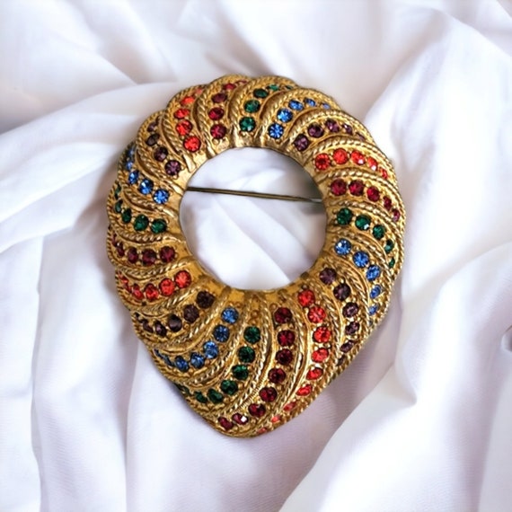 Gorgeous Multicolor Rhinestone Matt Finish Gold P… - image 1