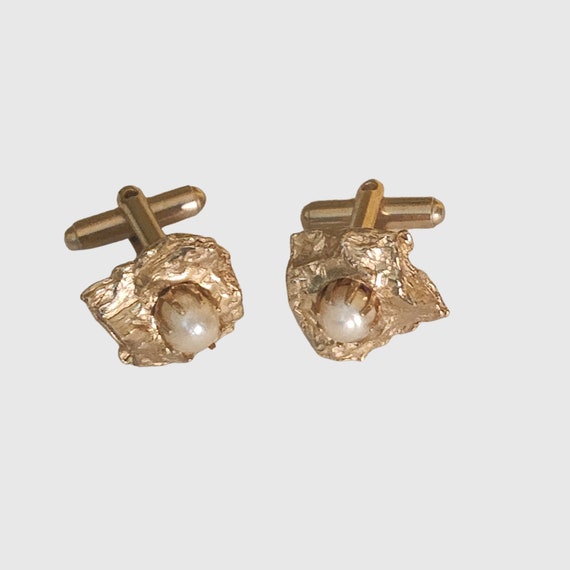 Pearl Nugget Gold Plated Vintage Cufflinks - image 2