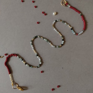 Green Burmese jade necklace and fine beads / handmade green and red jade necklace / blueberry and raspberry