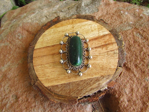 Vintage Sterling Silver and Green Jasper Brooch -… - image 1