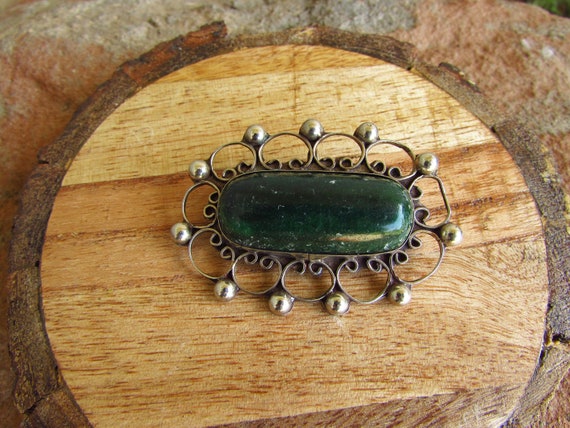 Vintage Sterling Silver and Green Jasper Brooch -… - image 2