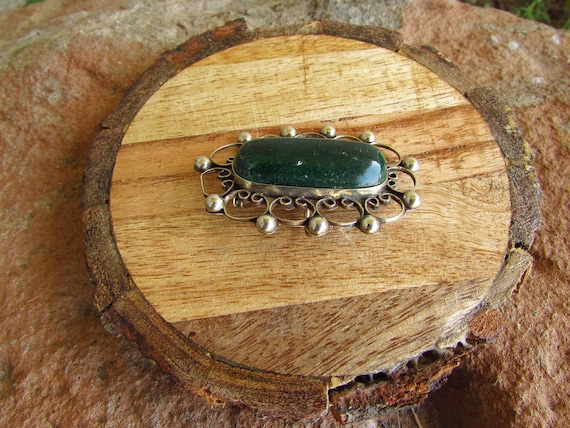 Vintage Sterling Silver and Green Jasper Brooch -… - image 3