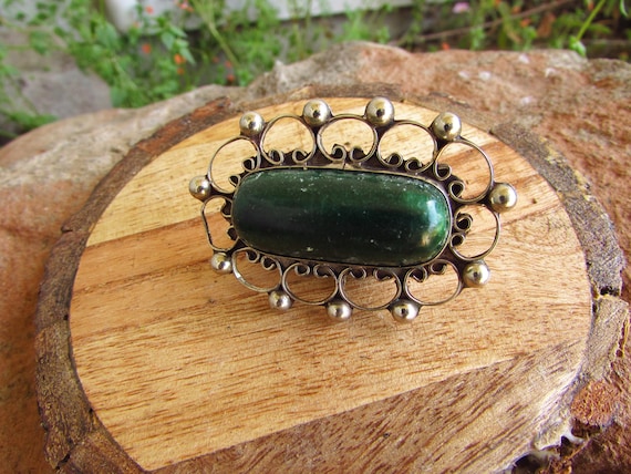 Vintage Sterling Silver and Green Jasper Brooch -… - image 5