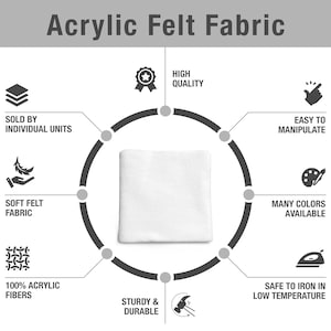 Puede incluir: Tela de fieltro acrílico blanco con el texto "Acrylic Felt Fabric". La imagen destaca características como la facilidad de manipulación, la suavidad y la seguridad al planchar. Está hecha de fibras 100% acrílicas y se vende por unidades.