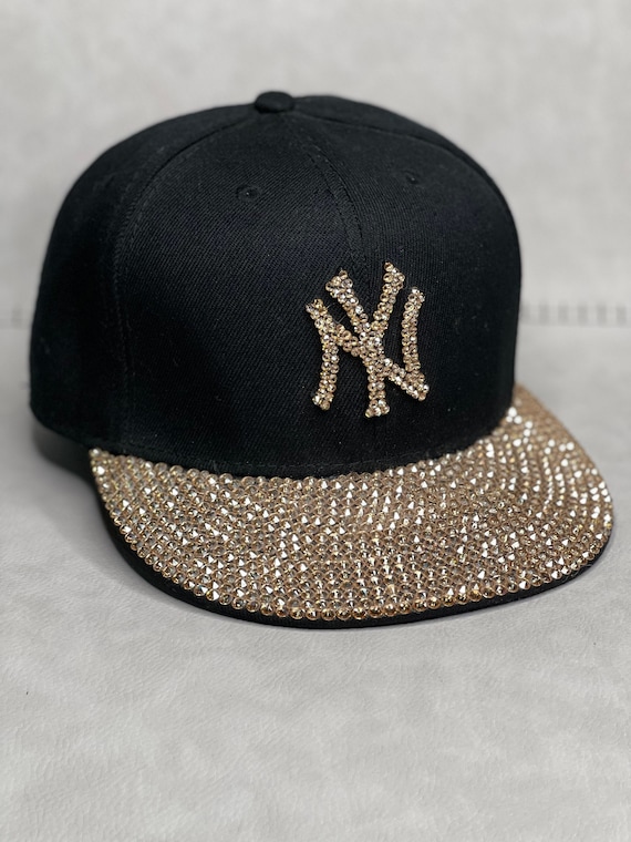 Black & Rose Gold NY Yankees Fitted Bling Hat Swarovski 