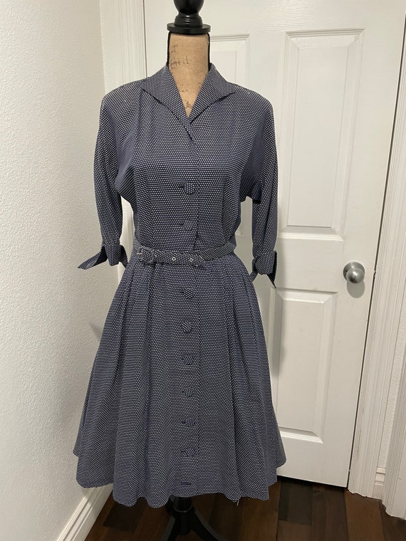 1950s Navy Blue Dotted Dress with Belt - image 1