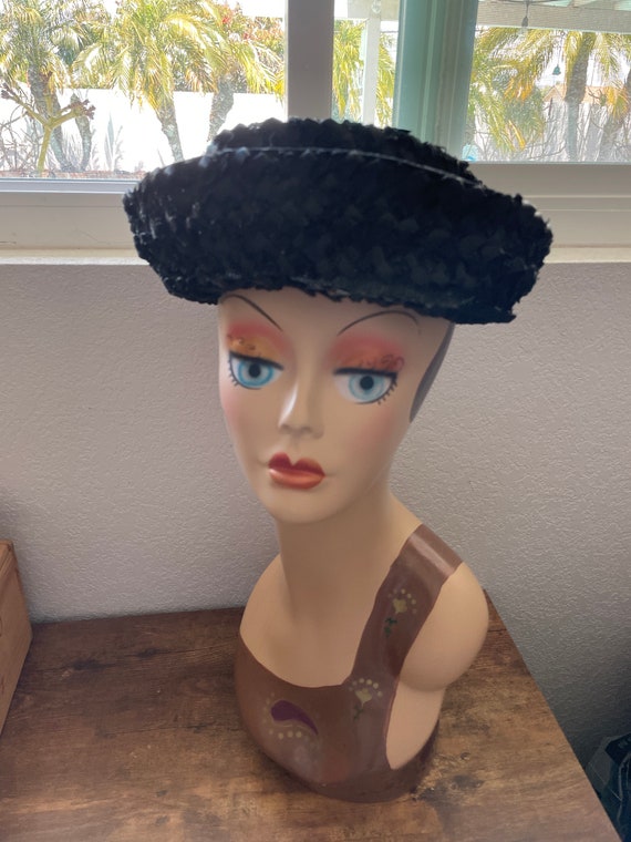 1960s black cello straw and ribbon bumper hat with