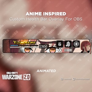 Può includere: Overlay della barra della salute personalizzata ispirata agli anime per OBS, con un design di personaggi nei toni del marrone e del rosa. L'overlay include il testo "YOUR NAME" e "$3950", oltre alle icone di gioco. È visibile anche il logo di Call of Duty: Warzone 2.0.
