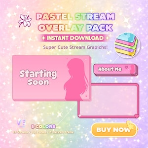 Può includere: Un pacchetto di overlay digitale dai colori pastello per lo streaming, con elementi rosa, blu e gialli. Il design include una schermata "Starting Soon", un pulsante "About Me" e un pulsante "Buy Now". Il pacchetto include 5 colori, 35 schermate, 130 pannelli e un frame webcam.