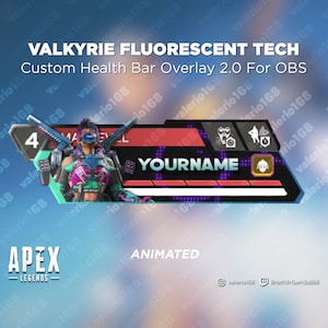 May include: Animated overlay for the video game Apex Legends featuring the character Valkyrie. The overlay is designed in a fluorescent tech style with pink, green, and blue accents. The overlay includes a health bar, a player name field, and a level indicator. The text "YOURNAME" is displayed in the player name field. The text "Animated" is displayed at the bottom of the overlay.