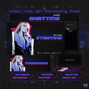 Animated Anime Tech Girl Streaming Pack Overlay | Screen, Webcam Frame, Transition, Panels, Banner (CUSTOMIZABLE)