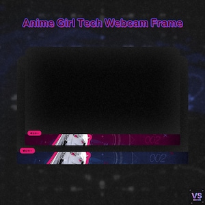 Può includere: Una cornice digitale per webcam con la scritta "Anime Girl Tech Webcam Frame" in viola. La cornice presenta uno schermo nero con due banner inferiori. Ogni banner ha un'illustrazione di ragazza anime, il numero "002" e testo giapponese.