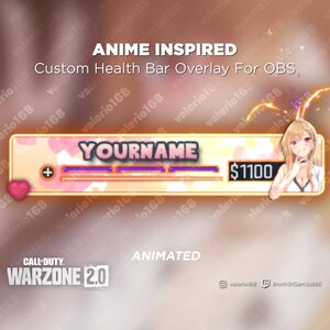 May include: Anime-inspired health bar overlay for OBS streaming. The overlay features a pink and orange color scheme with a heart icon, a progress bar, and a text box for the streamer's name. The overlay also includes a text box for the streamer's current score, which is $1100. The overlay is animated and includes a cute anime girl character.