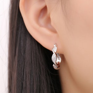 18k White Gold 925 Sterling Silver Chunky Infinity Twist Huggie Hoop Earrings Cable Cubic Zirconia CZ Crystal Women Girls Birthday Gift Her