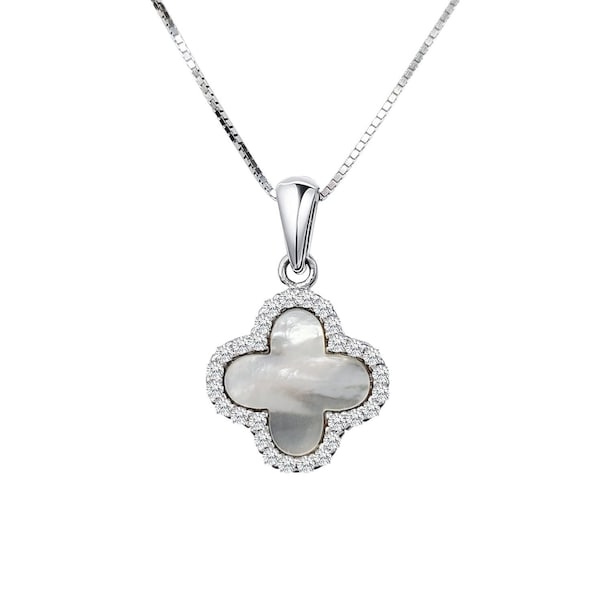 18k White Gold Clover Leaf Necklace Sterling Silver Mother of Pearl Pendant Charm Cubic Zirconia Flower Crystal Girl Women Birthday Gift