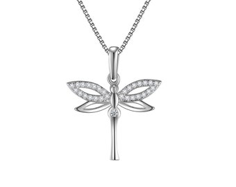 Sterling Silver Dragonfly Necklace, Cubic Zirconia Pendant, Adjustable Chain