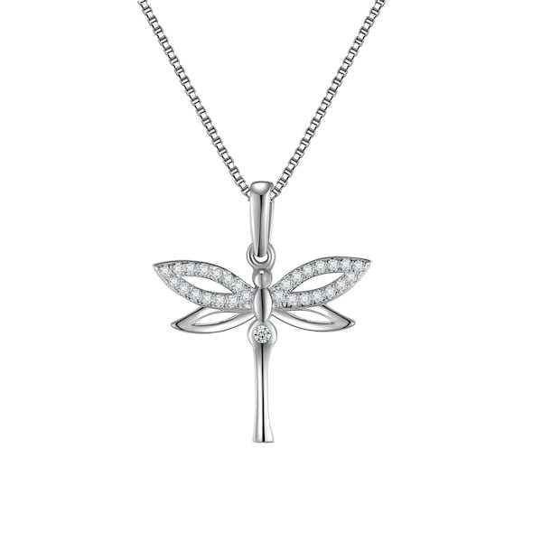 18k White Gold Dragonfly Necklace Sterling Silver Dainty Butterfly Pendant with Cubic Zirconia Adjustable Chain Women Girl Birthday Gift Her