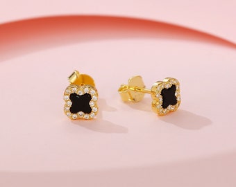 18k vergoldete Klee Ohrstecker, Schwarzer Onyx Sterling Silber